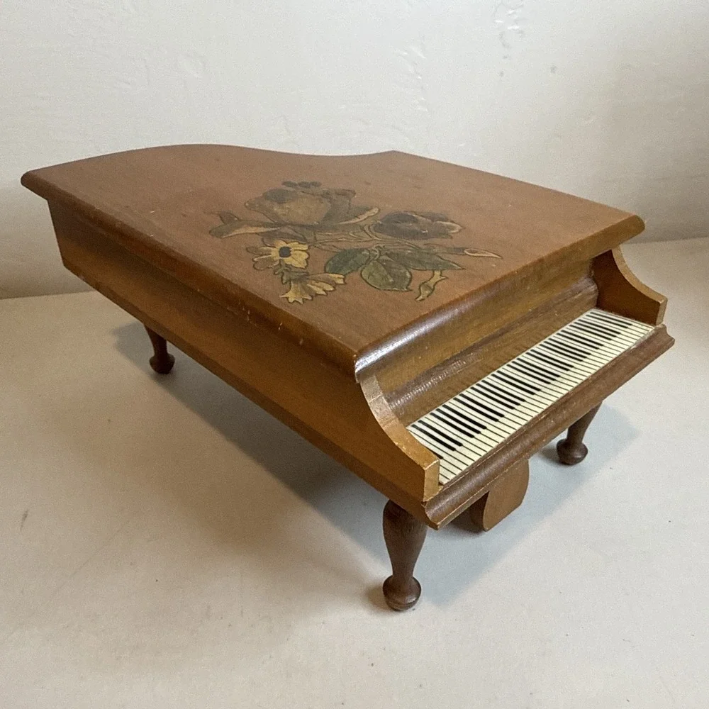 Vintage Wooden Grand Piano Box Floral Inlay Jewelry Trinket Box Rustic Cottage